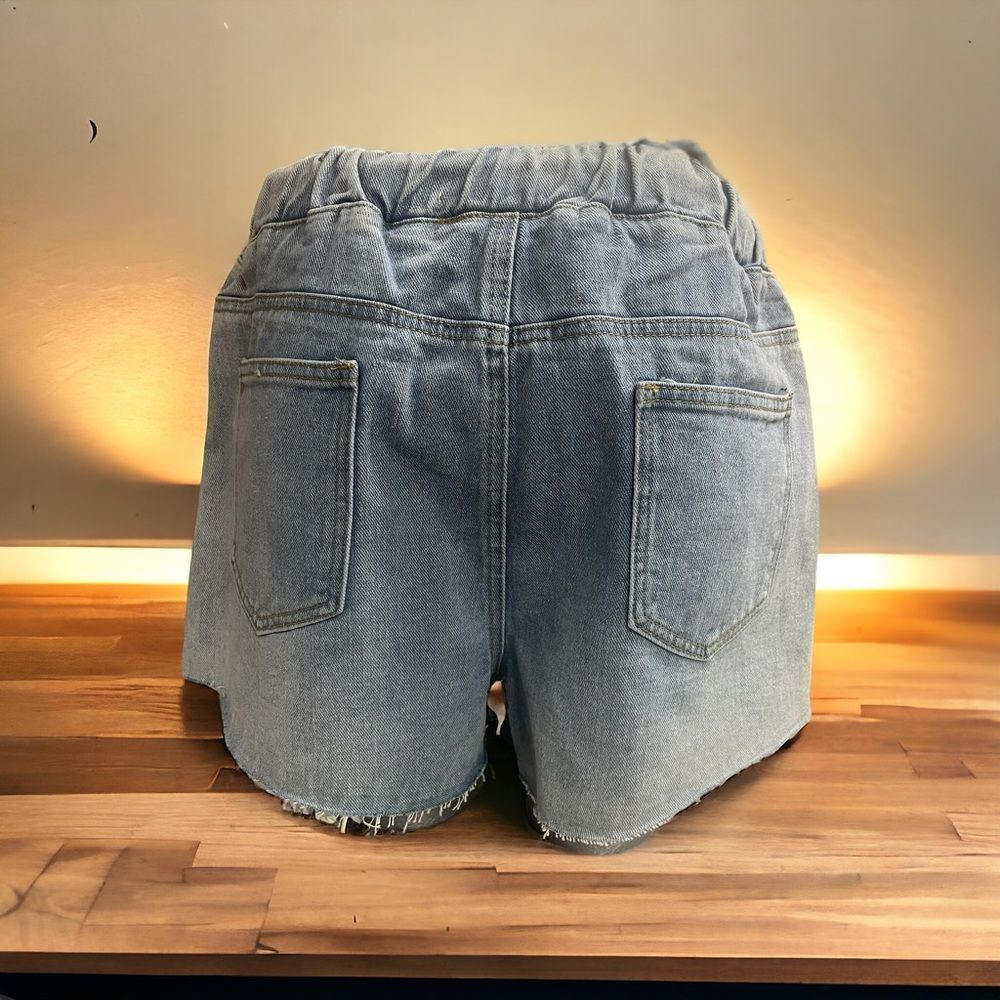 Wish List denim jean shorts,distressed pull on w/ draw string, light blue Size S - Picture 2 of 4